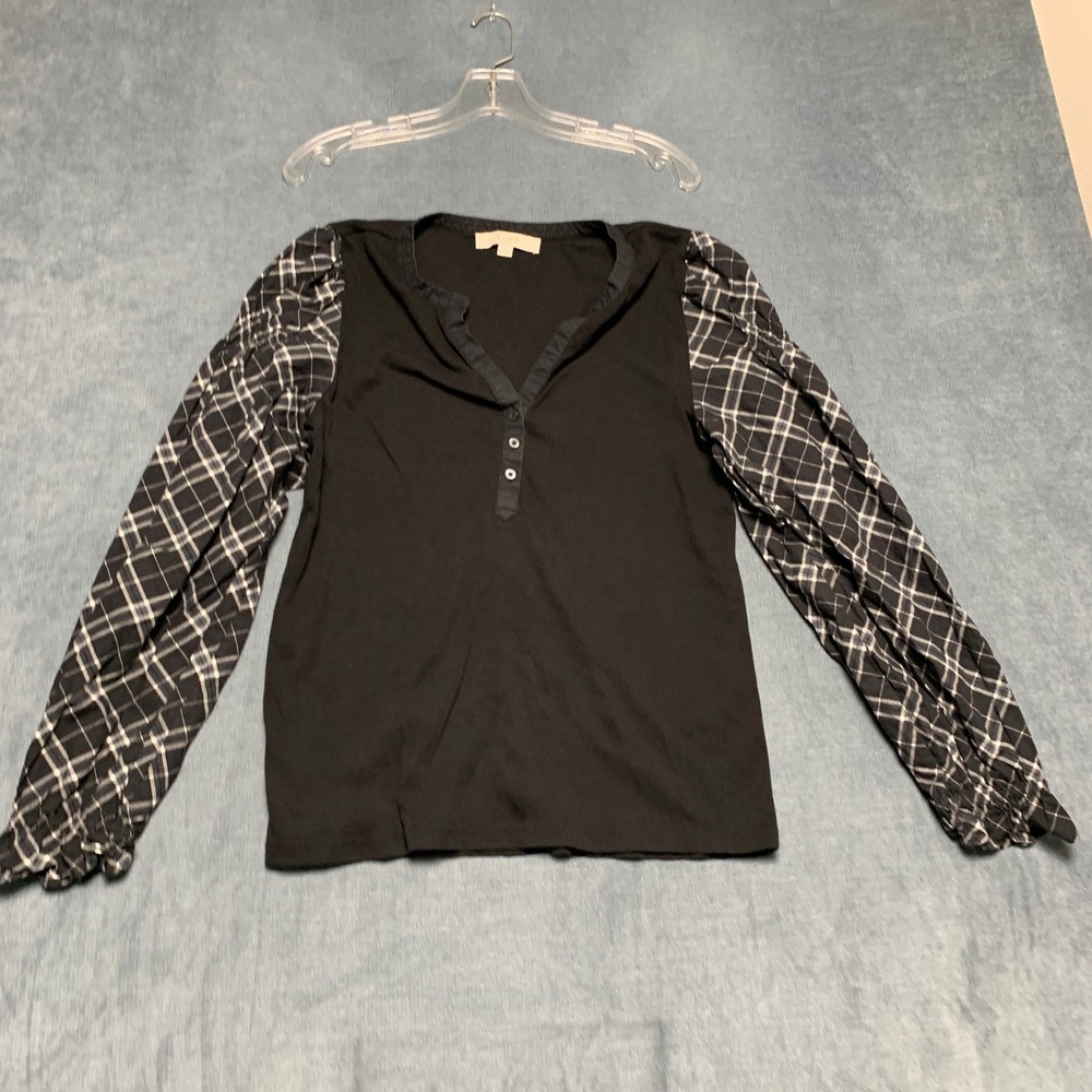 Loft Blouse Top Womens Large Black Plaid Sleeves Henley Neck Outdoor Casual Fit